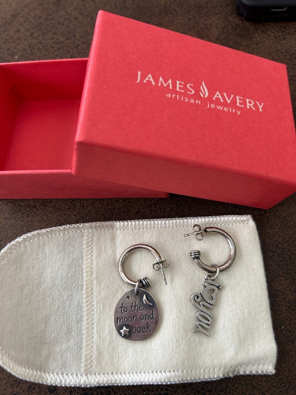 James Avery Silver Hoop Earrings 'to the moon and back' and 'I love you' Charms